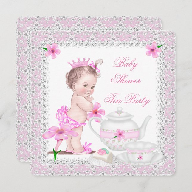 Invitation Princesse Baby shower rose Fille Tea Party (Devant / Derrière)