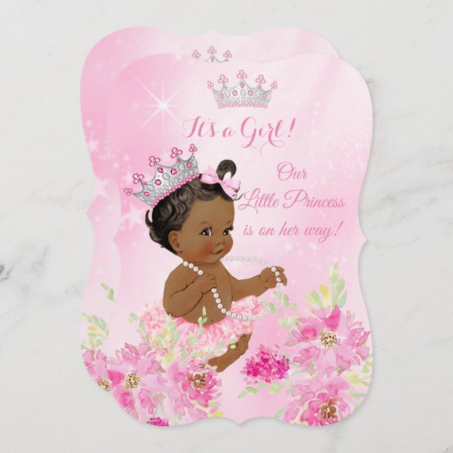 Invitation Princesse Baby shower rose floral Tutu Ethnic (Devant / Derrière)
