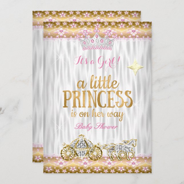Invitation Princesse Baby shower Rose Gold White Carriage (Devant / Derrière)