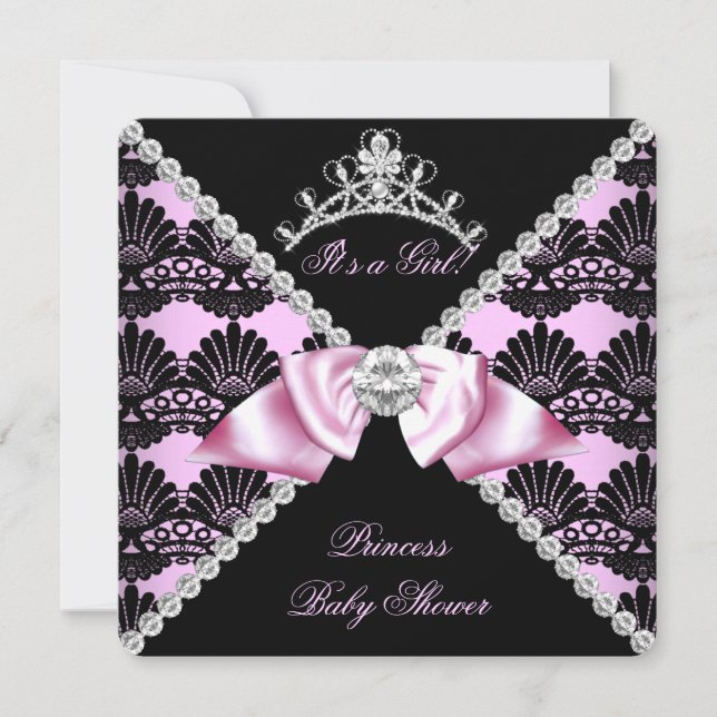 Invitation Princesse Baby shower Rose noir dentelle Diamond (Devant)