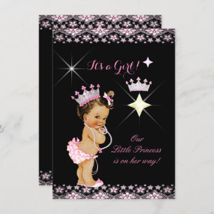 Invitation Princesse Baby shower rose noir Tiara Brunette