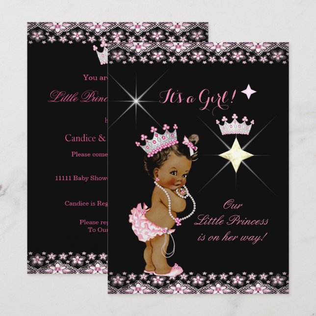 Invitation Princesse Baby shower Rose Noir Tiara Ethnic (Devant / Derrière)