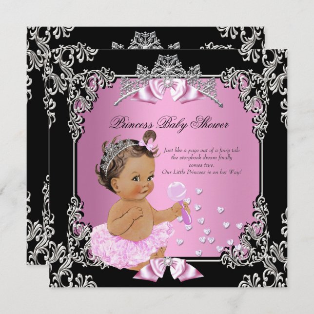 Invitation Princesse Baby shower Rose Noir Tutu Brunette (Devant / Derrière)