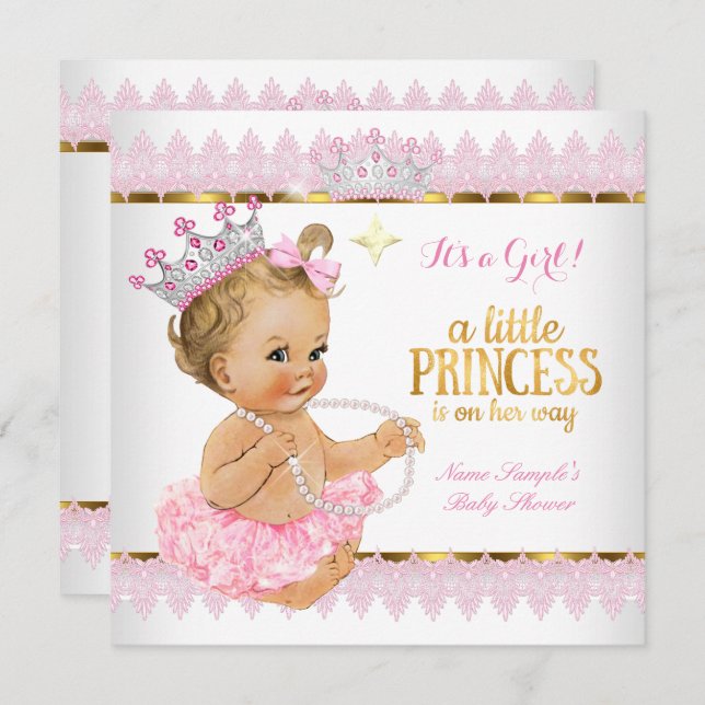 Invitation Princesse Baby shower rose or Blonde fille (Devant / Derrière)
