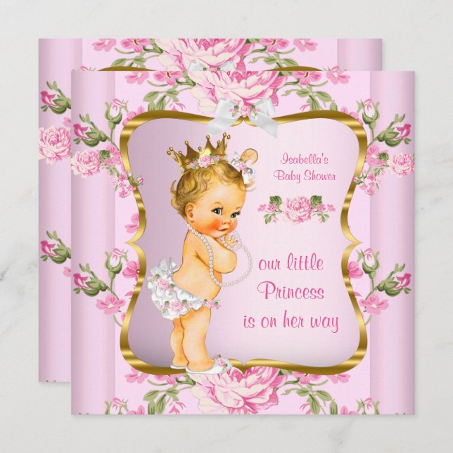 Invitation Princesse Baby shower Rose or Floral Blonde (Devant / Derrière)
