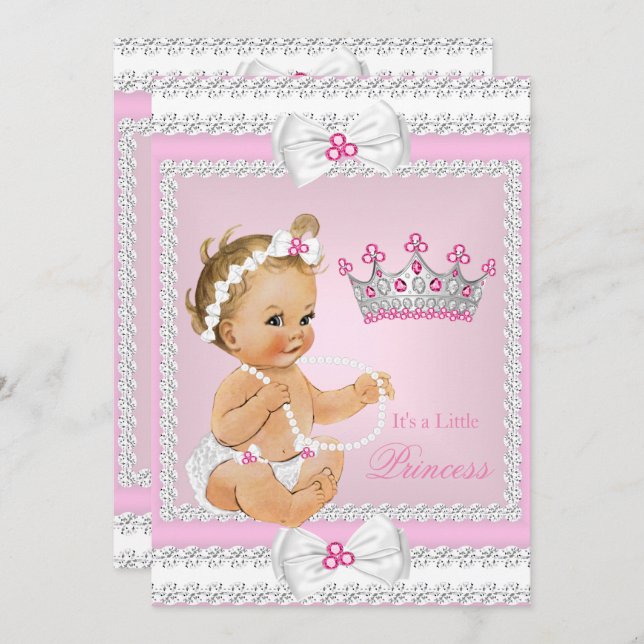 Invitation Princesse Baby shower rose perles blanches Bows Bl (Devant / Derrière)