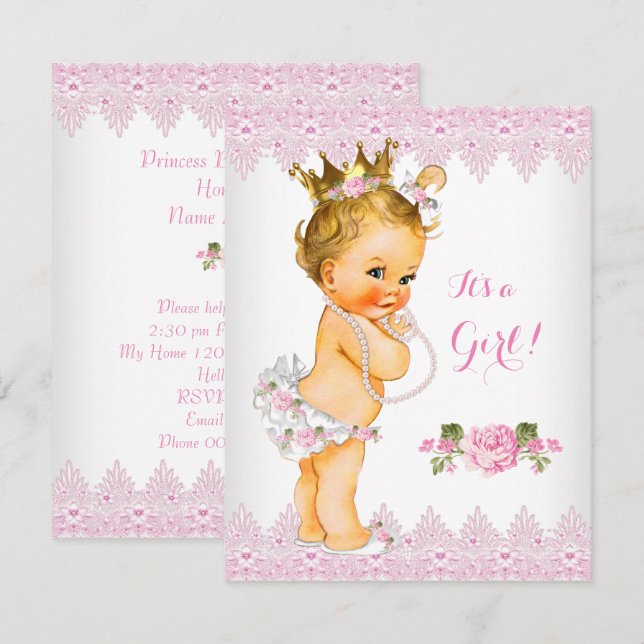 Invitation Princesse Baby shower Rose Rose dentelle Blanc Blo (Devant / Derrière)