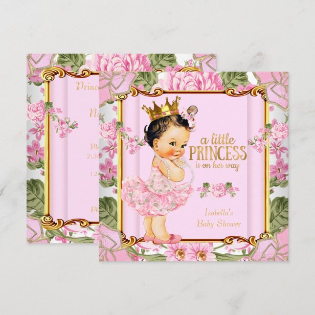 Invitation Princesse Baby shower Rose Rose Floral Brunette (Devant / Derrière)