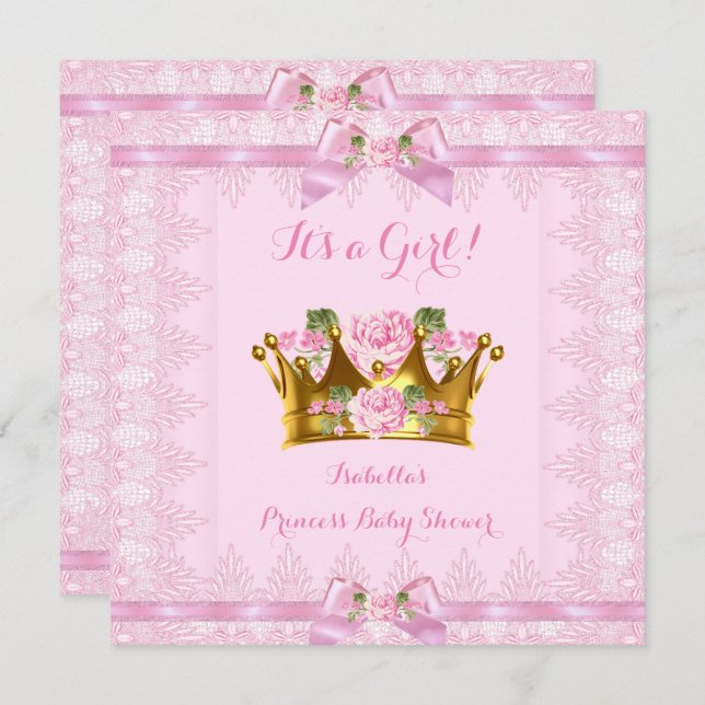 Invitation Princesse Baby shower Rose Rose Lace Bow (Devant / Derrière)