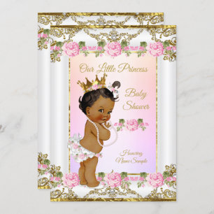 Invitation Princesse Baby shower Rose Rose Or Blanc Ethnique