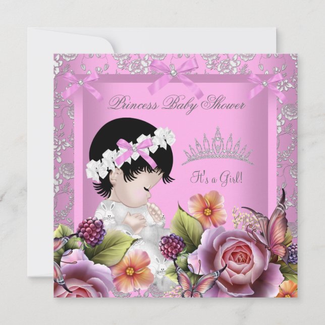 Invitation Princesse Baby shower Rose Rose Tiara Damask (Devant)