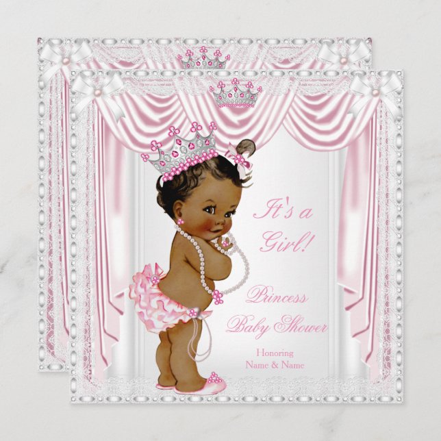Invitation Princesse Baby shower Rose Satin dentelle foncée P (Devant / Derrière)