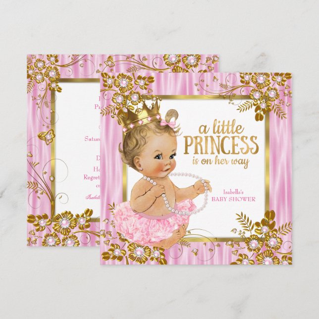 Invitation Princesse Baby shower Rose Silk Floral Blonde (Devant / Derrière)