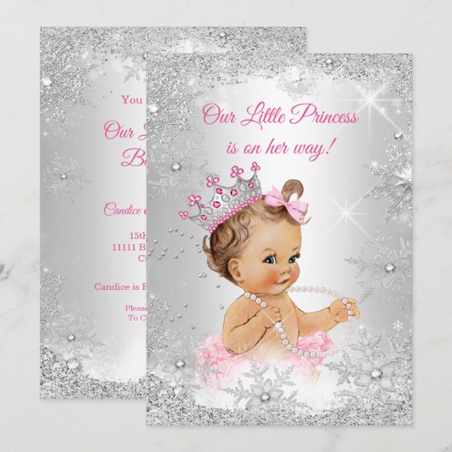 Invitation Princesse Baby shower rose Silver Winter merveille (Devant / Derrière)