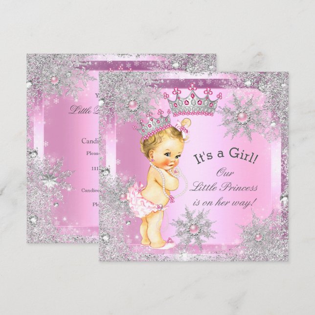 Invitation Princesse Baby shower Rose Winter Wonderland Blond (Devant / Derrière)