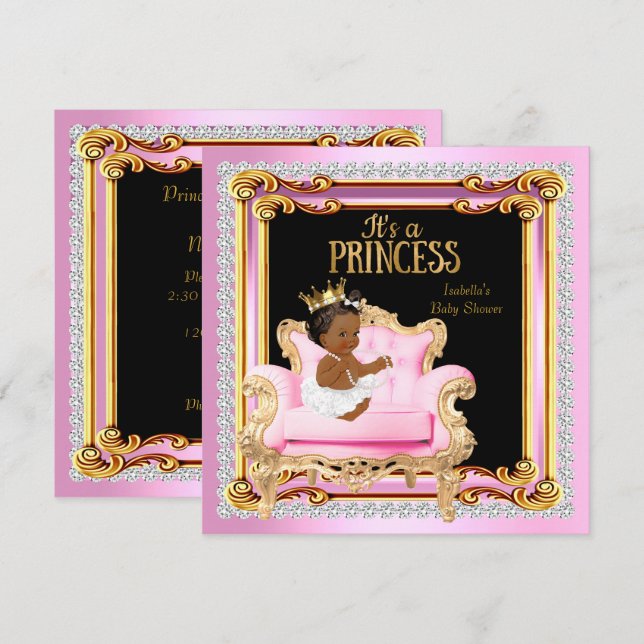 Invitation Princesse Baby shower Silver Pink Gold Chaise Ethn (Devant / Derrière)