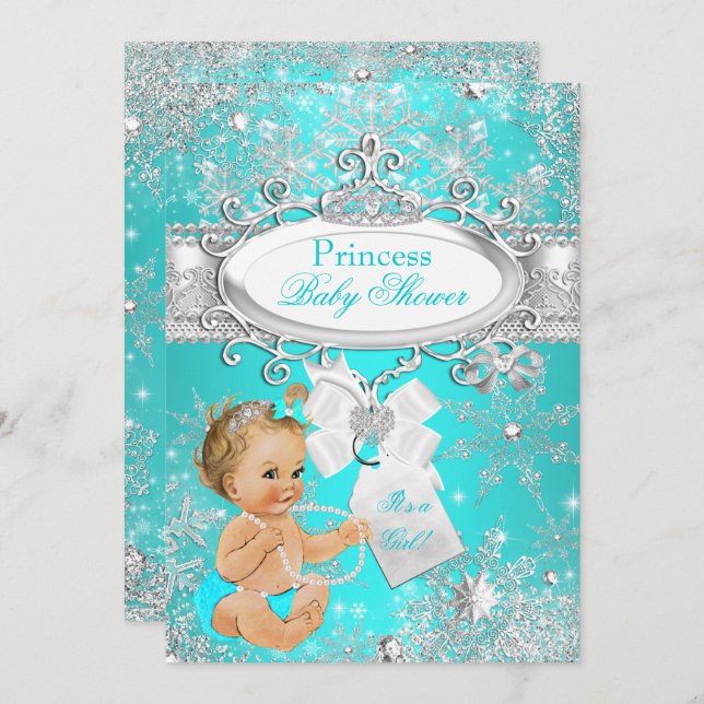 Invitation Princesse Baby shower Snowflakes Aqua Blonde (Devant / Derrière)