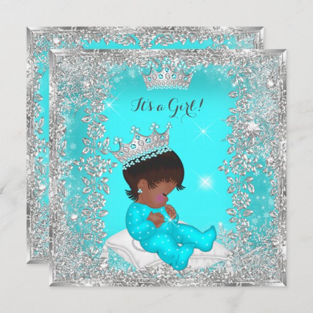 Invitation Princesse Baby shower Turquoise Argent Africain Am (Devant / Derrière)