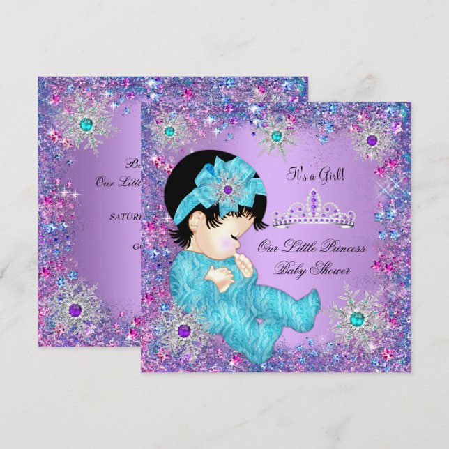 Invitation Princesse Baby shower Turquoise Bleu pourpre rose  (Devant / Derrière)