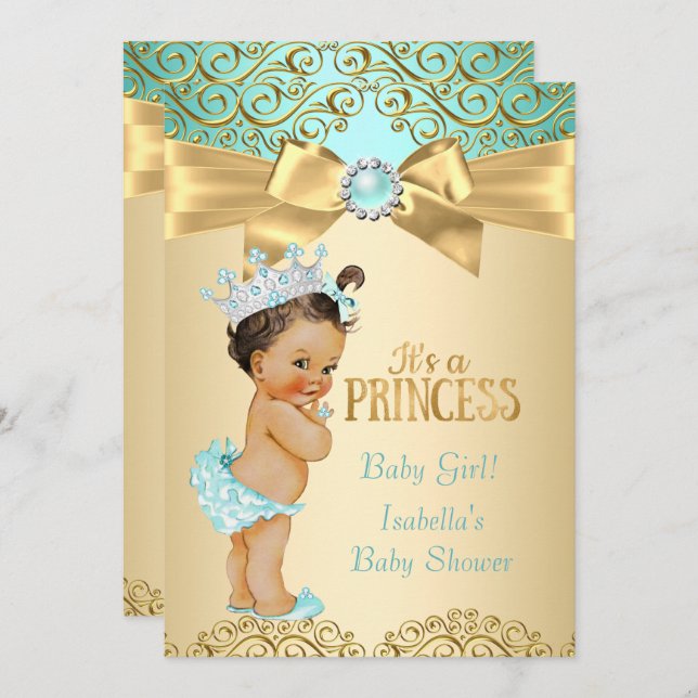 Invitation Princesse Baby shower Turquoise Gold Damask (Devant / Derrière)