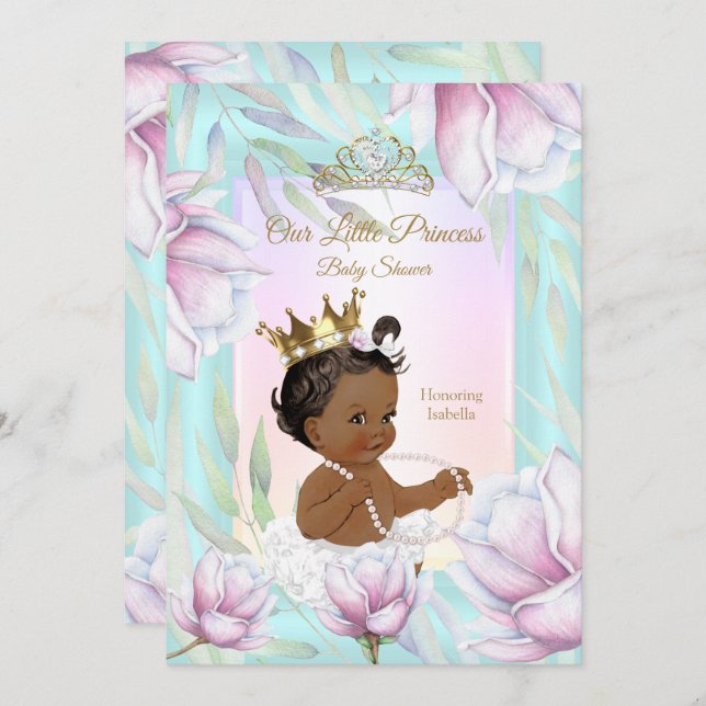Invitation Princesse Baby shower Turquoise rose Lilac Floral  (Devant / Derrière)