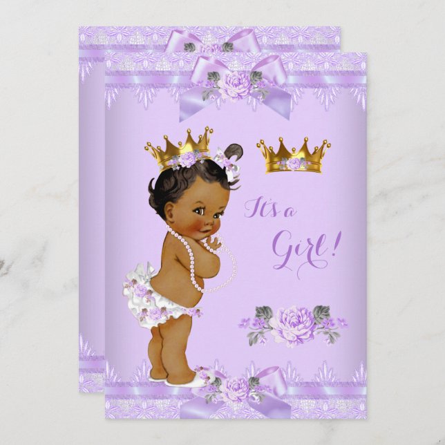 Invitation Princesse Baby shower Violet Rose Dentelle ethniqu (Devant / Derrière)