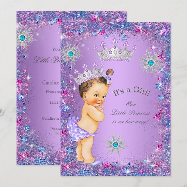 Invitation Princesse Baby shower violet Turquoise rose bleu (Devant / Derrière)