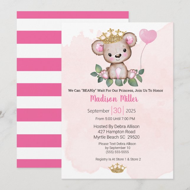 Invitation Princesse Bear Baby shower rose (Devant / Derrière)