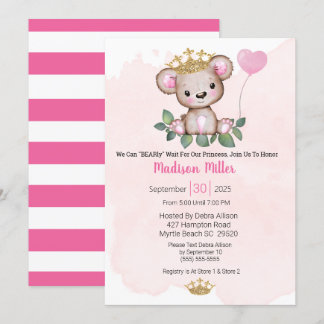 Invitation Princesse Bear Baby shower rose