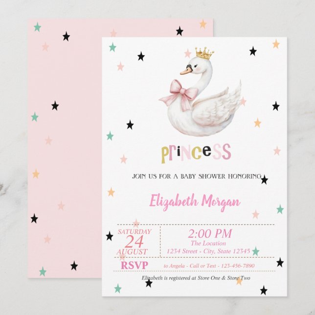 Invitation Princesse bébé cygne, Baby Shower des étoiles (Devant / Derrière)