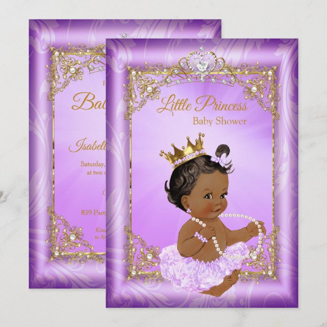 Invitation Princesse Bébé Fille de Fête Ethnique Or Violet (Devant / Derrière)