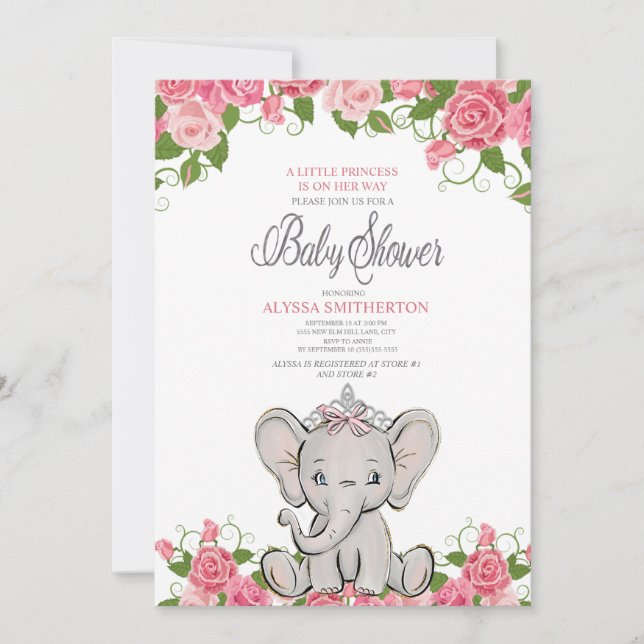 Invitation Princesse Bébé Fille Diadème Éléphant Rose Floral (Devant)