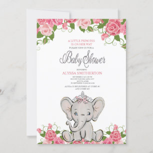 Invitation Princesse Bébé Fille Diadème Éléphant Rose Floral
