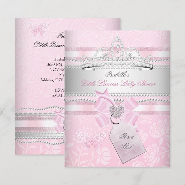 Invitation Princesse Bébé Fille Shower Papillon (Devant / Derrière)