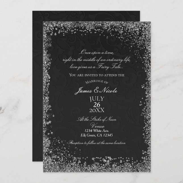 Invitation Princesse Black Damask Élégant Mariage de livre d' (Devant / Derrière)