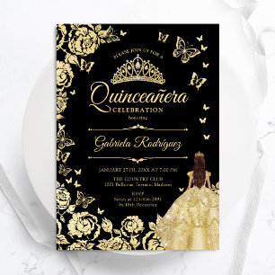 Invitation Princesse Black Gold Gown Quinceanera