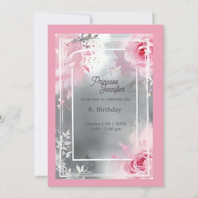Invitation princesse blanche rose conte de fées rose annivers (Devant)