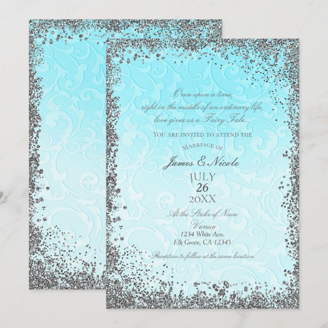Invitation Princesse Bleu Argent Élégant Mariage Conte de Fée (Devant / Derrière)