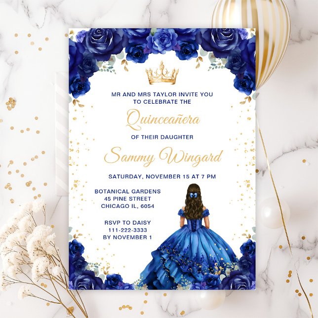 Invitation Princesse Bleu foncé Floral Quinceañera (Créateur téléchargé)