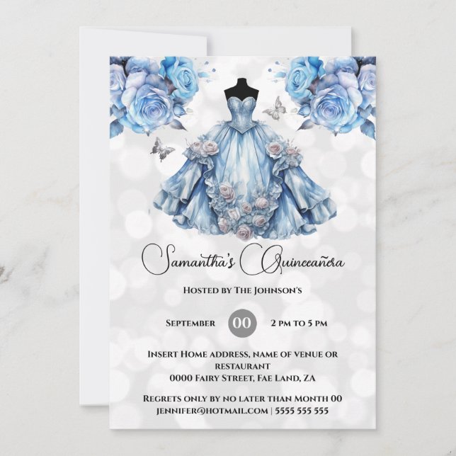 Invitation princesse bleue Quinceañera imaginaire lune rose (Devant)