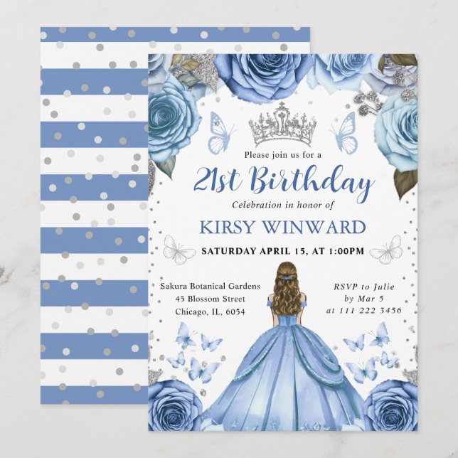 Invitation Princesse Blonde Anniversaire Robe Bleue (Devant / Derrière)