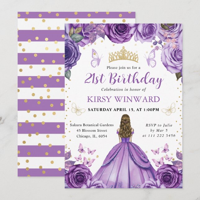 Invitation Princesse Blonde Anniversaire Robe Violette (Devant / Derrière)