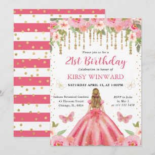 Invitation Princesse Blonde en Robe Rose Anniversaire
