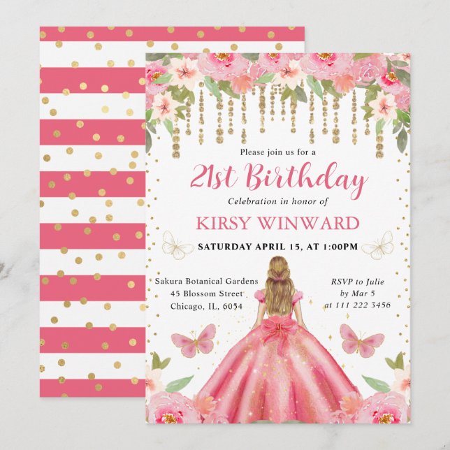 Invitation Princesse Blonde en Robe Rose Anniversaire (Devant / Derrière)