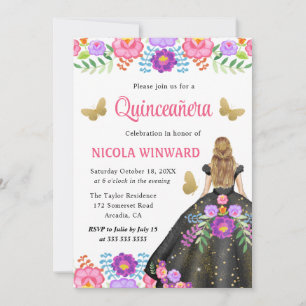Invitation Princesse blonde robe florale mexicaine Quinceaner