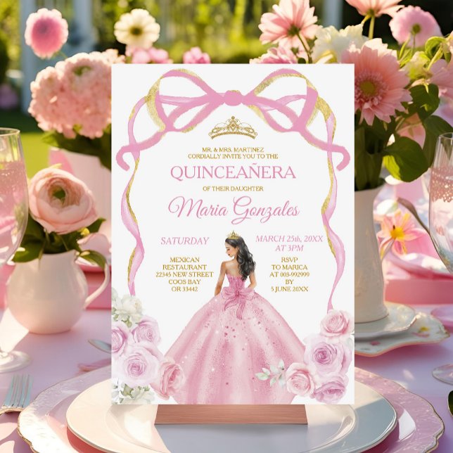 Invitation Princesse Bow Rose Blush Gold Crown Quinceañera (Créateur téléchargé)