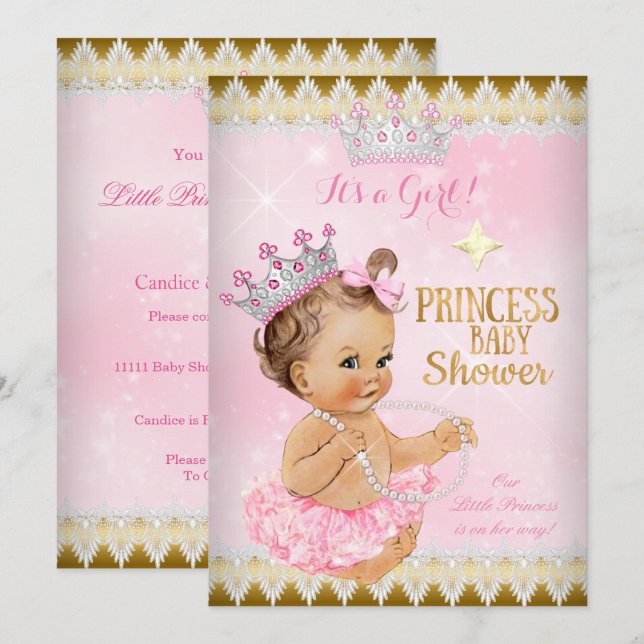 Invitation Princesse Brune Baby Shower Rose Tutu Or (Devant / Derrière)