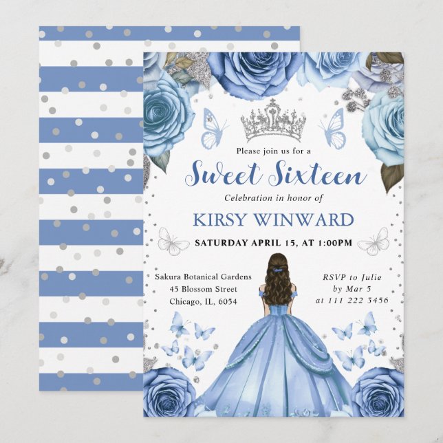 Invitation Princesse Brune Robe Bleue 16 Ans Douce (Devant / Derrière)
