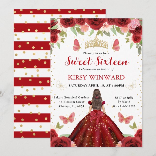 Invitation Princesse Brune Robe Rouge Sweet 16 (Devant / Derrière)