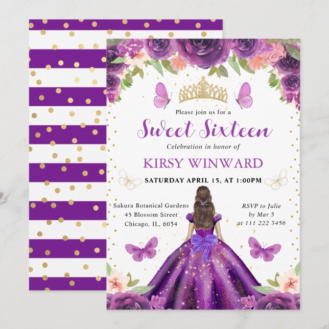 Invitation Princesse Brune Robe Violette 16 Ans Douce (Devant / Derrière)